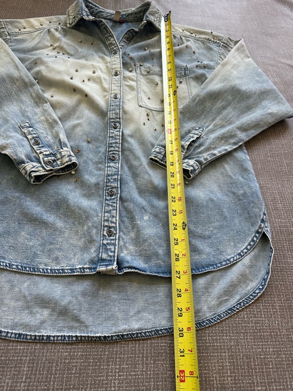 Anthropologie Pilcro Studded Denim Button Down Shirt S Blue Cotton Oversized - Picture 14 of 16